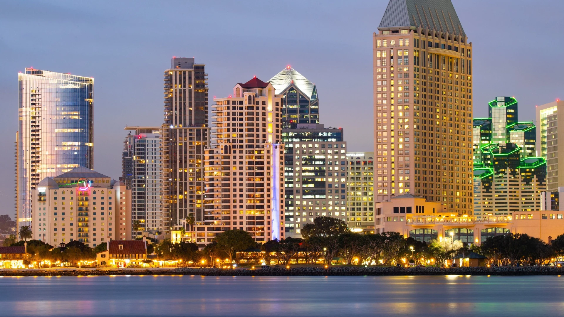 Skyline de San Diego al atardecer visto desde la bahía